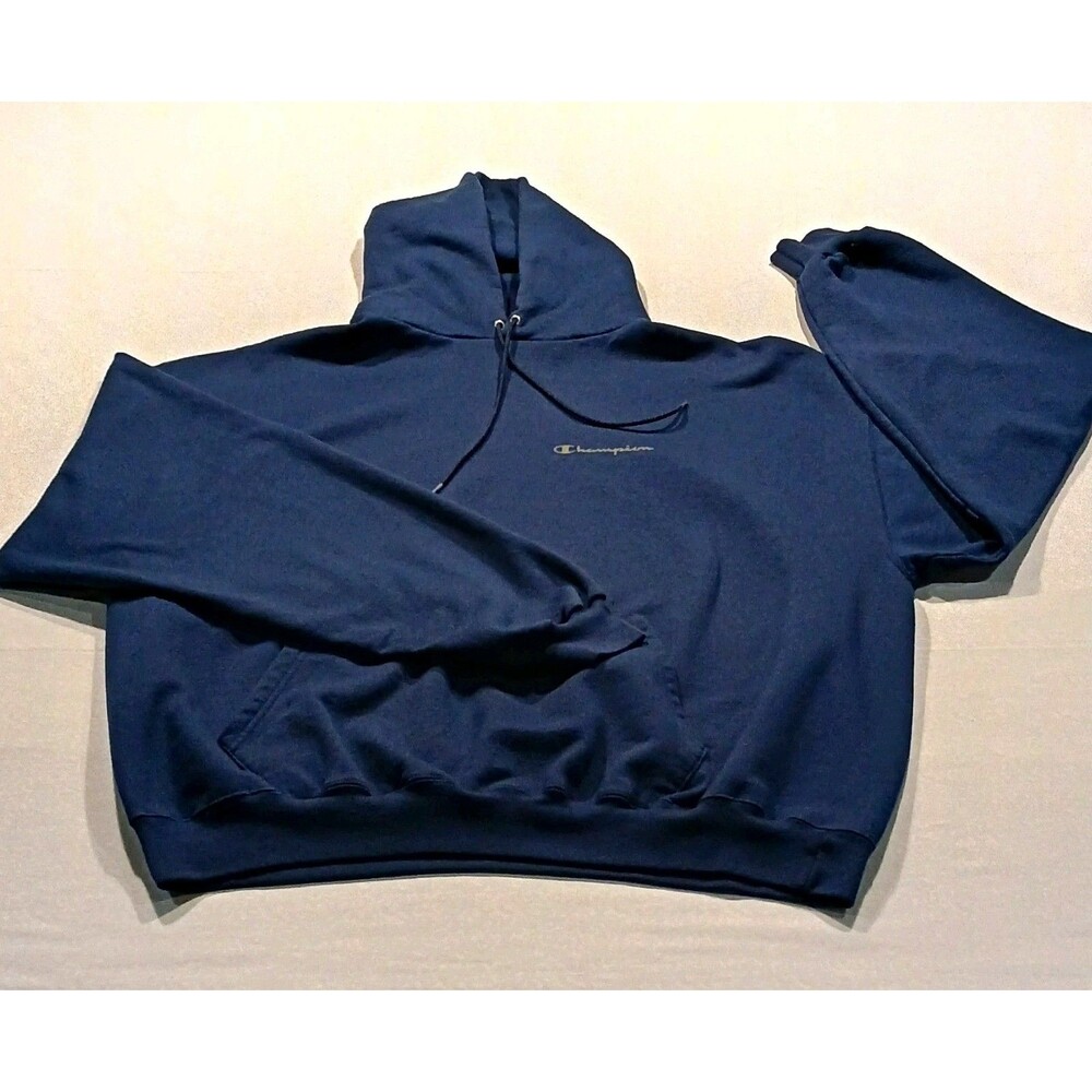 Champion Men's Vintage Y2K Pullover Hoodie Fleece Navy Blue 2XL Pockets